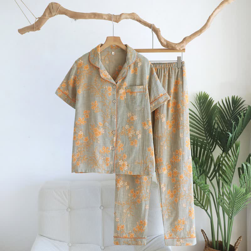 Set pigiama in puro cotone con motivo rami e fiori - Verde - XL - image 16