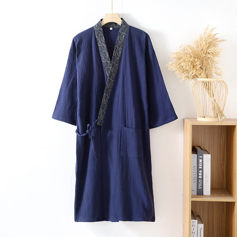 Accappatoio classico in garza di cotone con finiture decorative. - Blu navy - XL - image 11