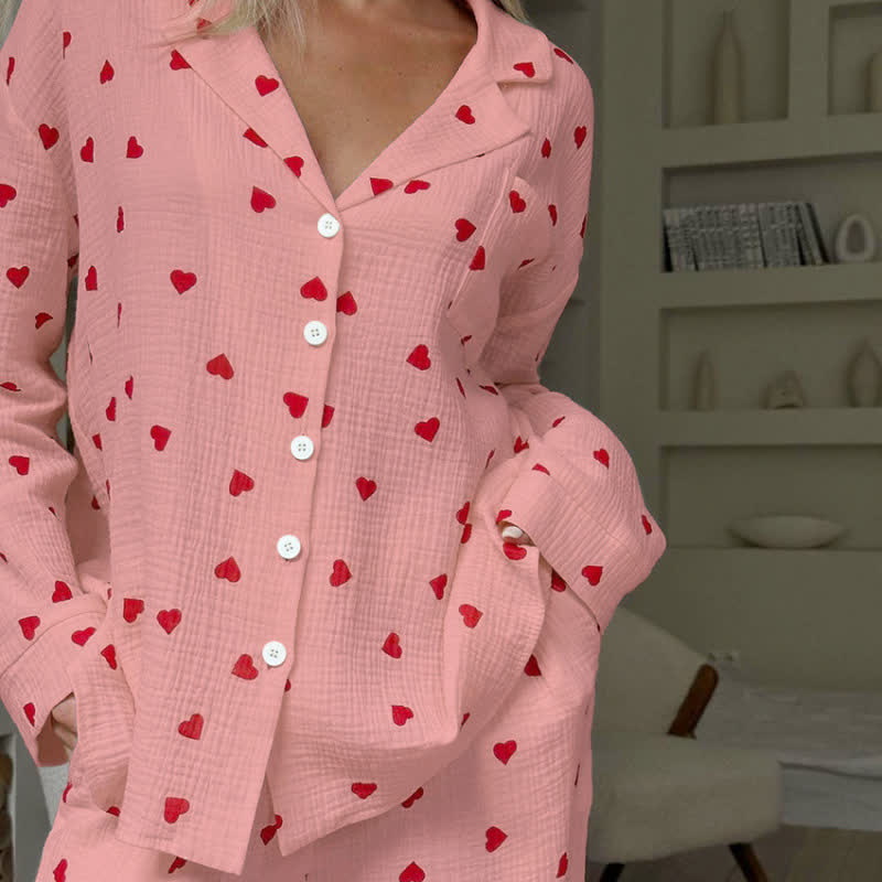 Set pigiama in cotone con stampa a cuori rossi - Rosa - XL - image 6
