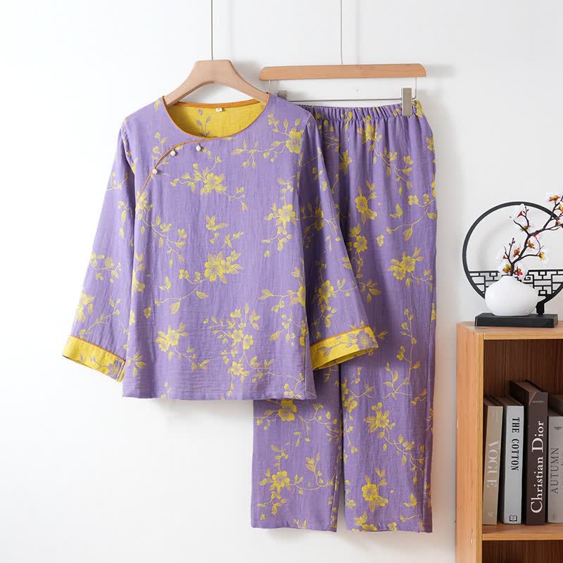 Completo pigiama in cotone con stampa floreale di ispirazione asiatica - Viola - 2XL - image 0