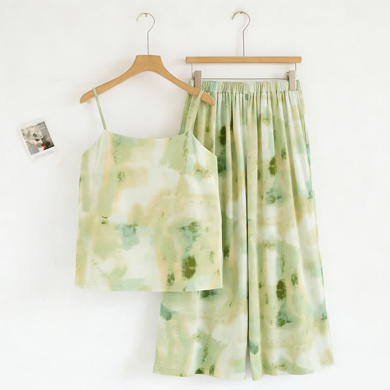 Completo pigiama composto da canotta e pantaloni con stampa artistica a inchiostro verde. - Verde - 2XL - image 0
