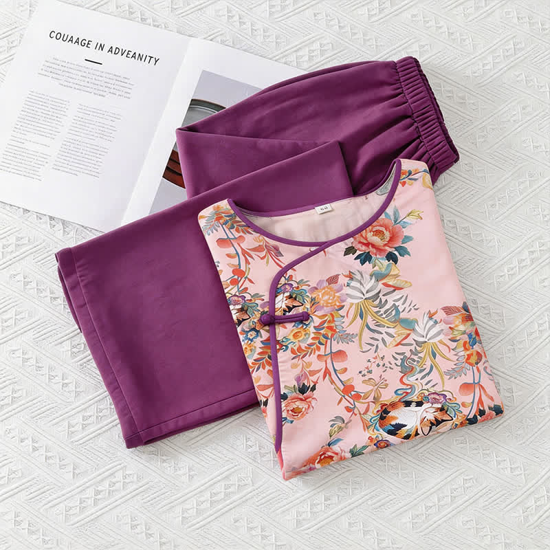 Completo da casa con stampa floreale e gatto, ispirato allo stile orientale. - image 7