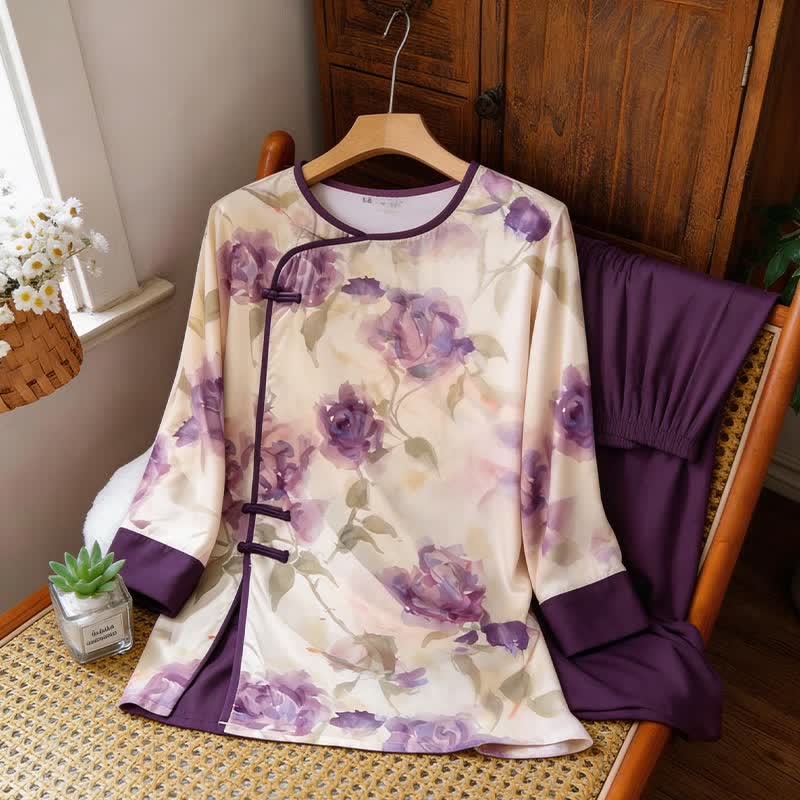 Set pigiama con stampa floreale viola ad acquerello, ispirato allo stile orientale. - image 6