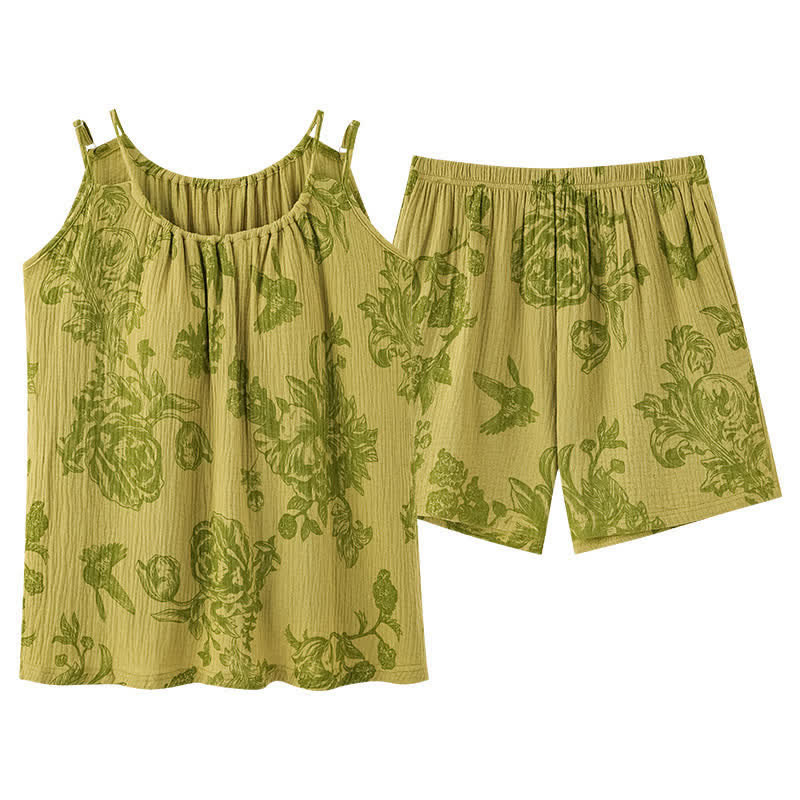Pigiama vintage con canotta e pantaloncini a fantasia floreale e uccellini - image 9