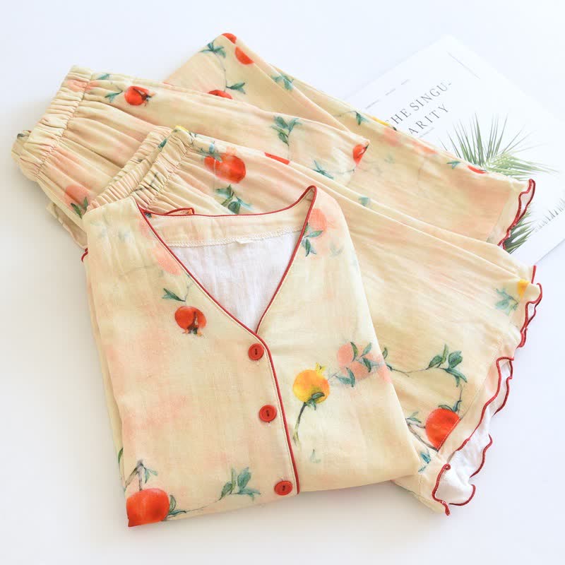 Set pigiama in cotone con scollo a V e stampa melograno (3 pezzi) - image 1