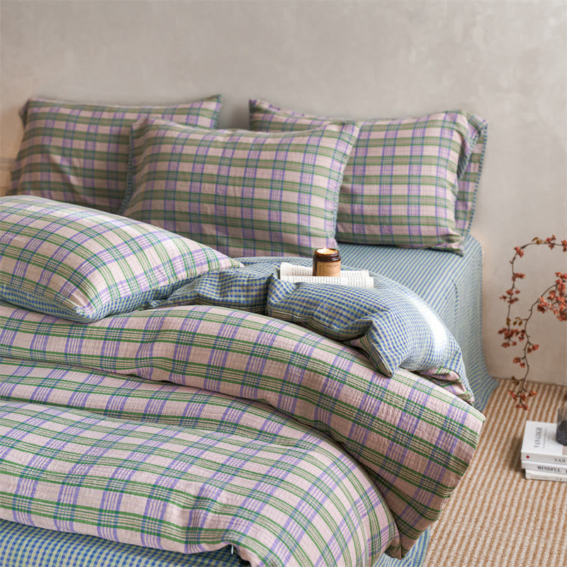 Set di biancheria da letto con copripiumino a quadri in cotone - Giallo e viola - Matrimoniale Grande - Foglio piano - image 11