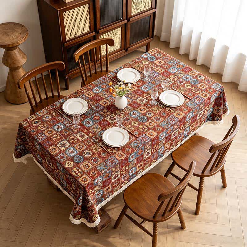 Tovaglia jacquard con motivo a piastrelle etniche in stile bohémien retrò. - image 2