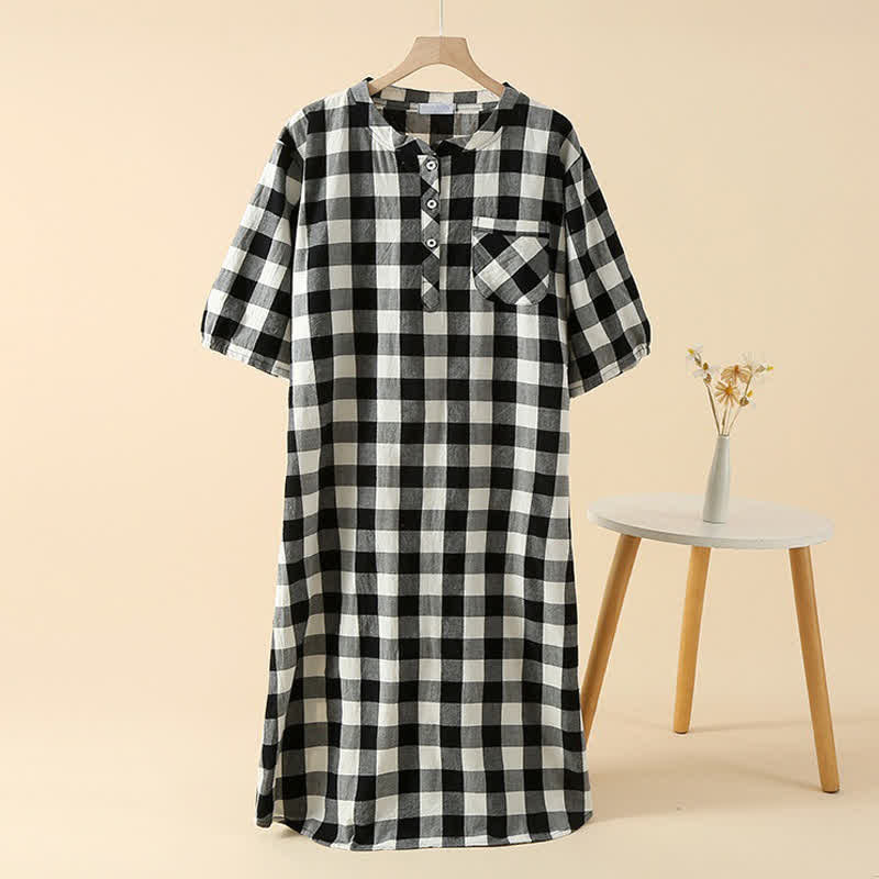 Camicia da notte in garza di cotone a quadri con 3 bottoni - Grigio - XL - image 3