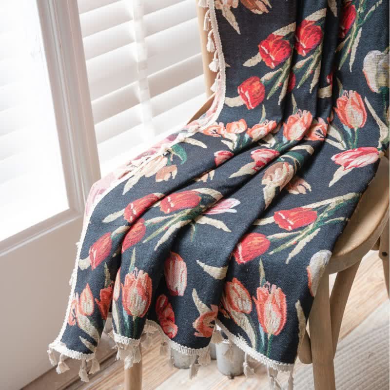 Tenda jacquard con motivo floreale di tulipani e nappe - image 3