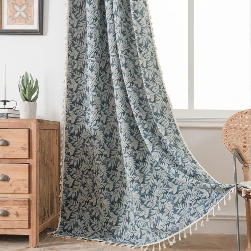 Tenda vintage in jacquard con motivo a foglie e nappe - Blu - Occhiello - 150cm x 300cm - image 4