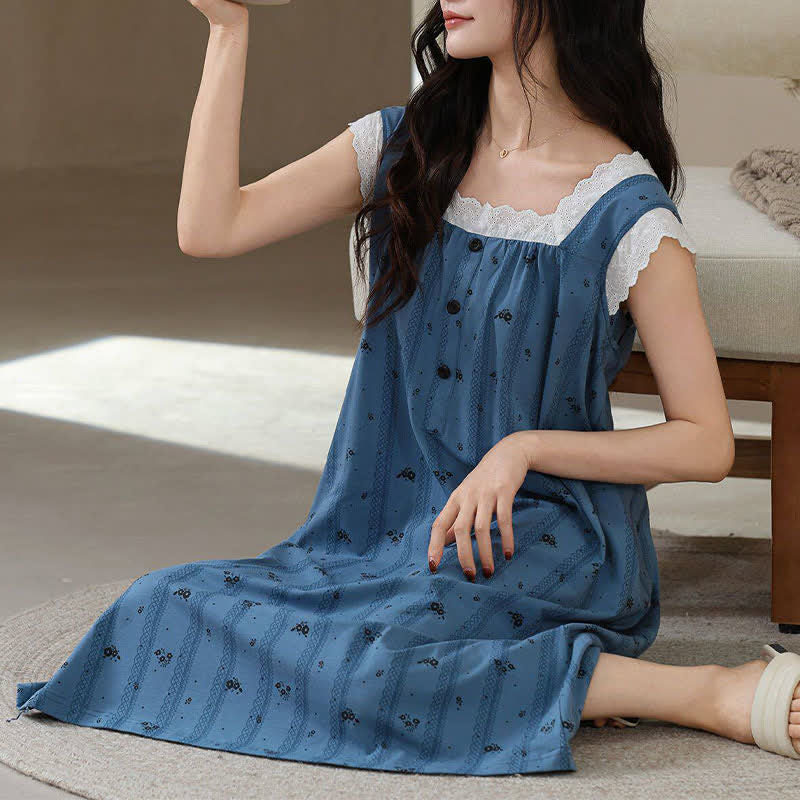 Camicia da notte senza maniche in pizzo di cotone a righe floreali - image 4