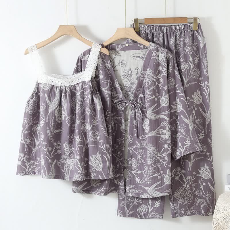 Set pigiama a 3 pezzi in puro cotone con fantasia floreale - Viola - L - image 13