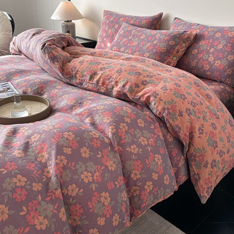 Set di biancheria da letto in garza di puro cotone con motivo floreale pastorale (4 pezzi) - image 5