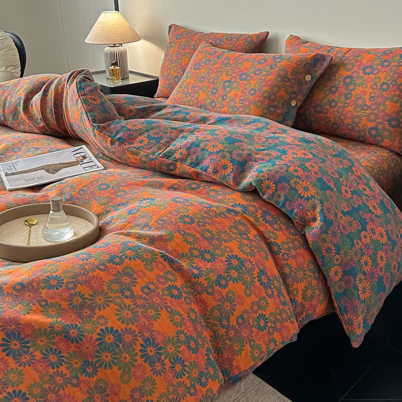 Set di 4 pezzi di biancheria da letto in garza di puro cotone con motivo floreale vintage - image 1