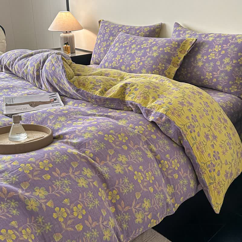 Elegante set di biancheria da letto in garza di puro cotone con motivo floreale (4 pezzi) - image 1