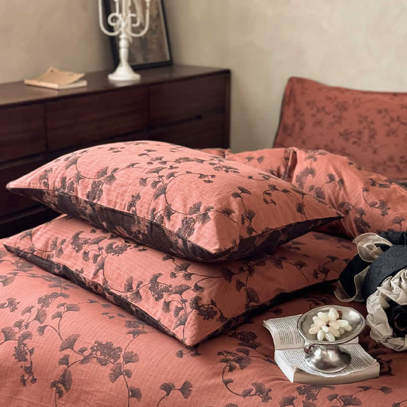 Set di biancheria da letto in puro cotone con foglie di ginkgo vintage (4 pezzi) - image 14