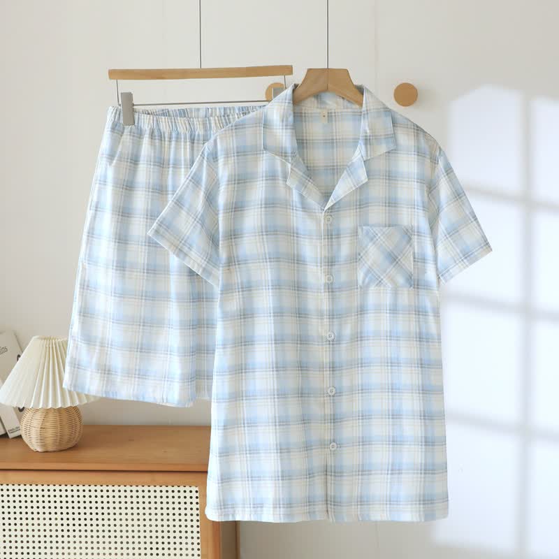 Completo pigiama a maniche corte in cotone a quadri - Blu e grigio - 2XL - image 15