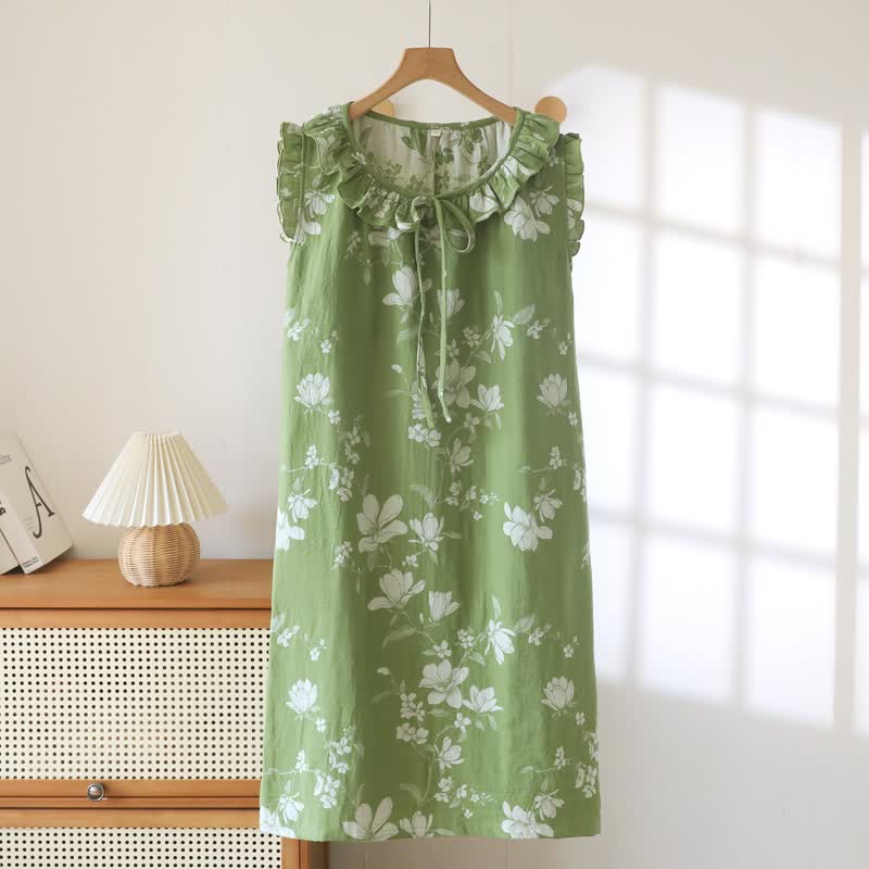 Camicia da notte in cotone verde con volant e stampa floreale - Verde - XL - image 0