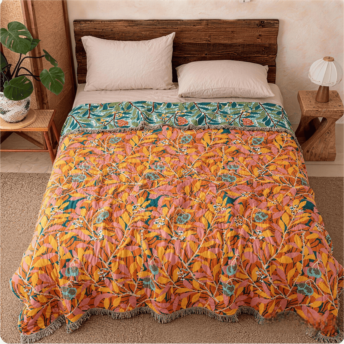 Trapunta reversibile in garza con frange e motivo botanico vintage - image 3