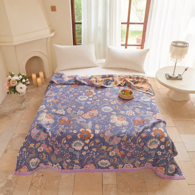 Trapunta reversibile in garza con motivo botanico in stile rustico - Viola - Matrimoniale Grande - image 5