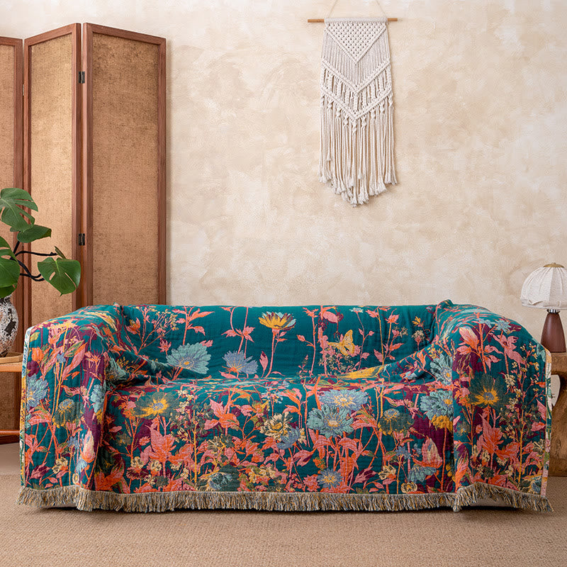 Trapunta reversibile in garza con frange e motivo floreale ad acquerello - image 3