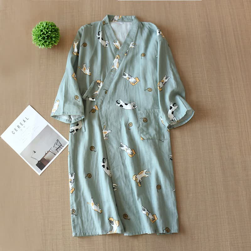 Kimono coordinati in cotone con motivo gatto per coppie - Verde - Maschio - XL - image 11