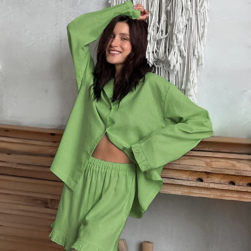 Pigiama da donna in cotone tinta unita con volant - Verde - L - image 10