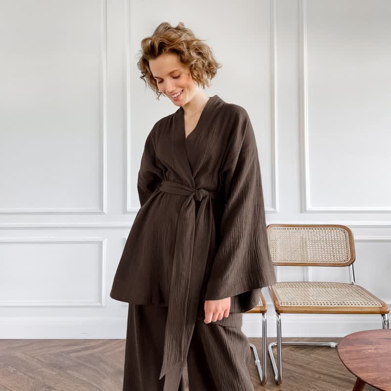 Kimono pigiama in garza di cotone a tinta unita - image 18