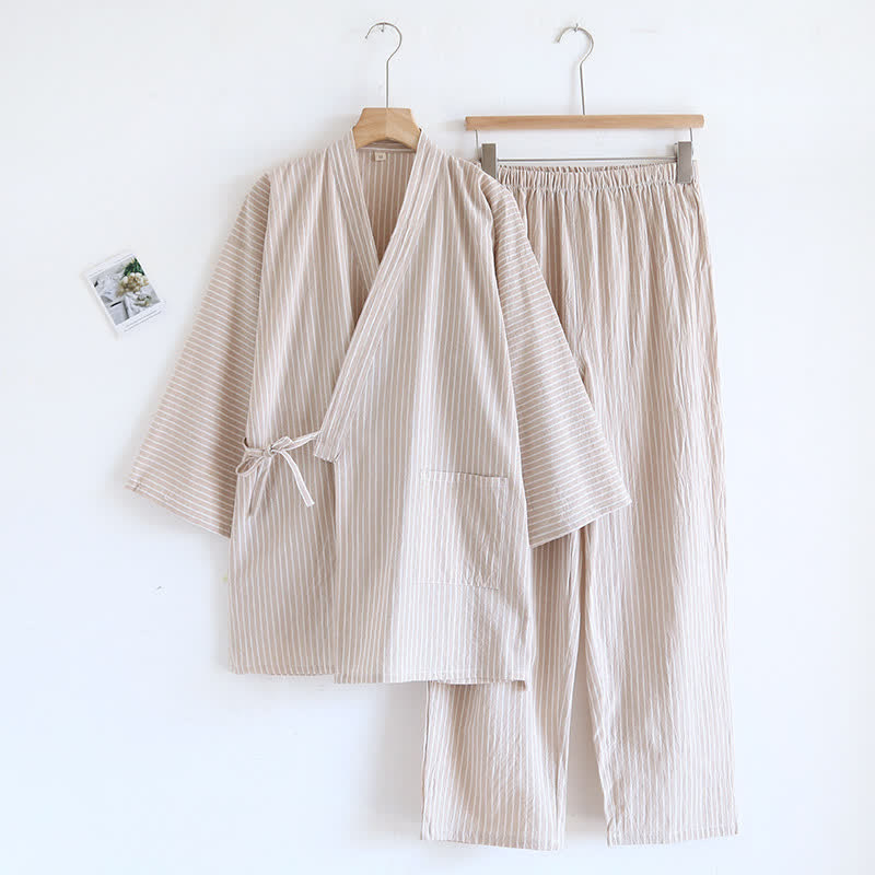 Kimono unisex a righe in garza di cotone - Cachi - L - image 3
