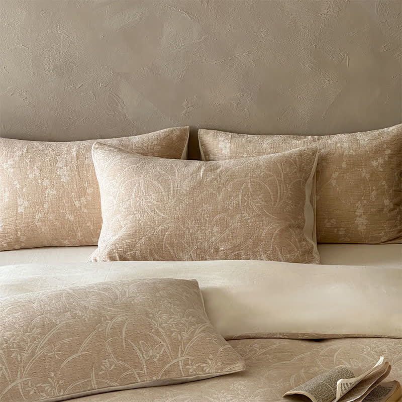 Set di biancheria da letto in cotone jacquard con motivo botanico beige - image 3