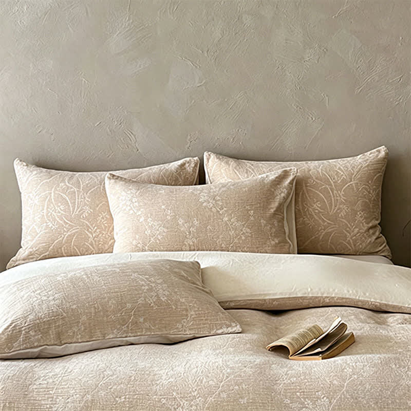 Set di biancheria da letto in cotone jacquard con motivo floreale botanico color cammello - image 3