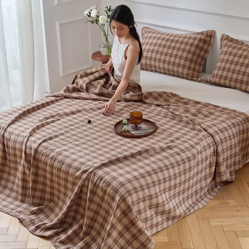 Set di biancheria da letto in cotone a quadri nei toni della terra in stile retrò - Cachi - Trapunta con 2 federe - Matrimoniale Grande - image 6