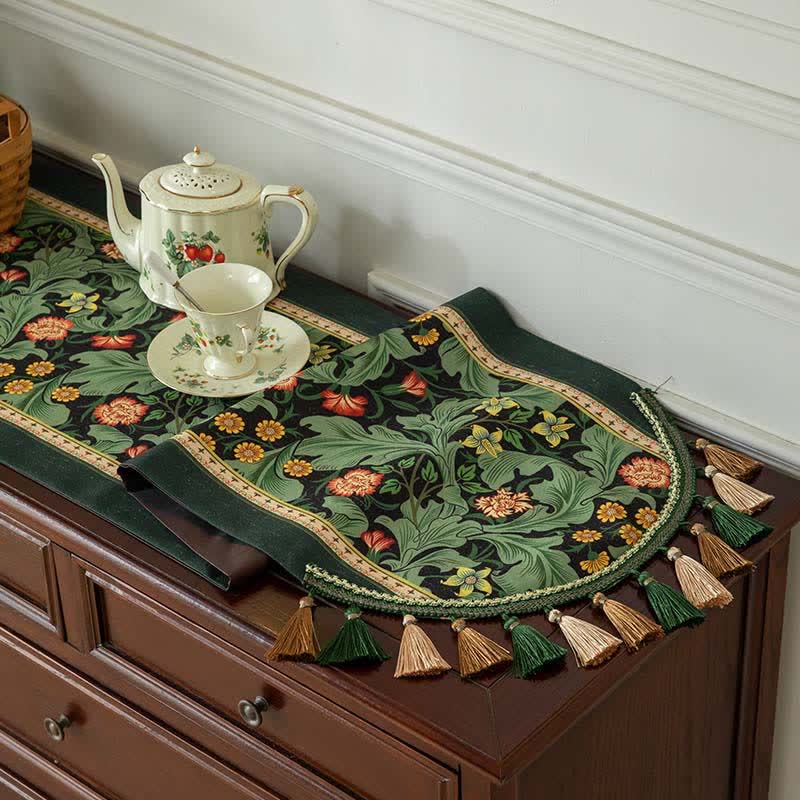 Runner da tavola con motivi botanici tropicali e bordo con nappe - image 3