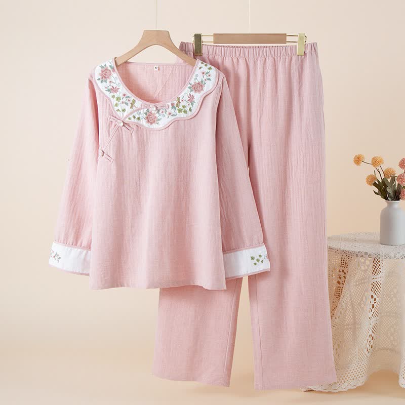 Pigiama da donna in cotone e lino con ricami floreali - Rosa - XL - image 15