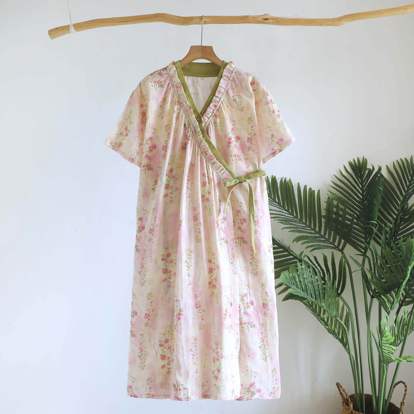 Camicia da notte kimono in garza di cotone a fantasia floreale con volant - Beige - L - image 0