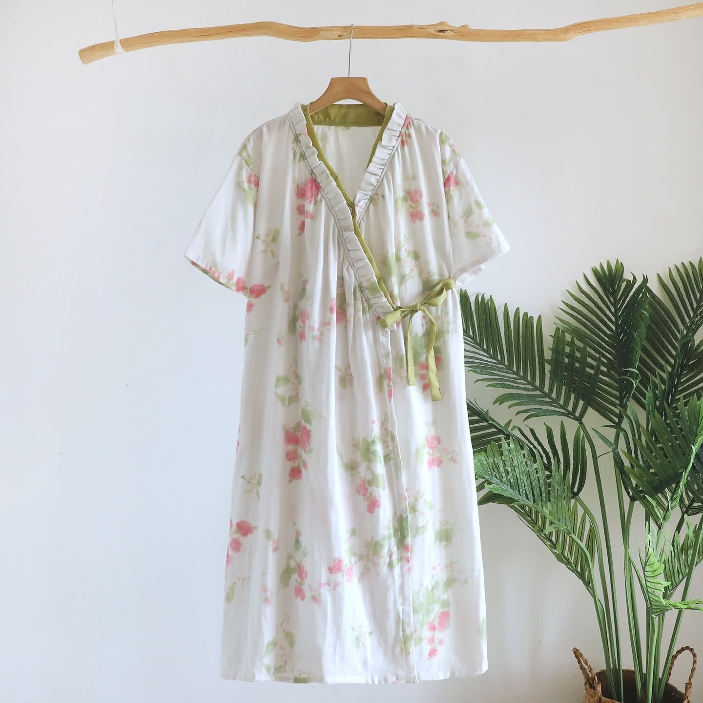 Kimono da notte in garza di cotone, stile giardino botanico. - Beige - L - image 0