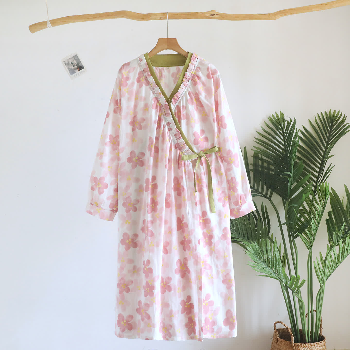 Kimono da notte in garza di cotone con stampa floreale Sakura. - Beige - Manica lunga - L - image 13