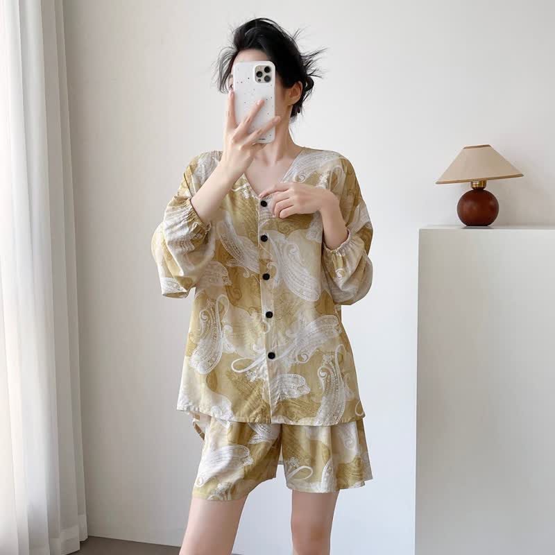 Completo pigiama con scollo a V e stampa paisley - image 2