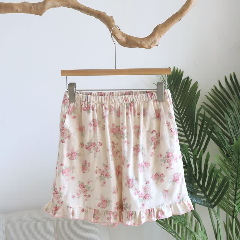 Pantaloncini da pigiama in cotone rosa con volant e stampa floreale. - Beige - XL - image 0