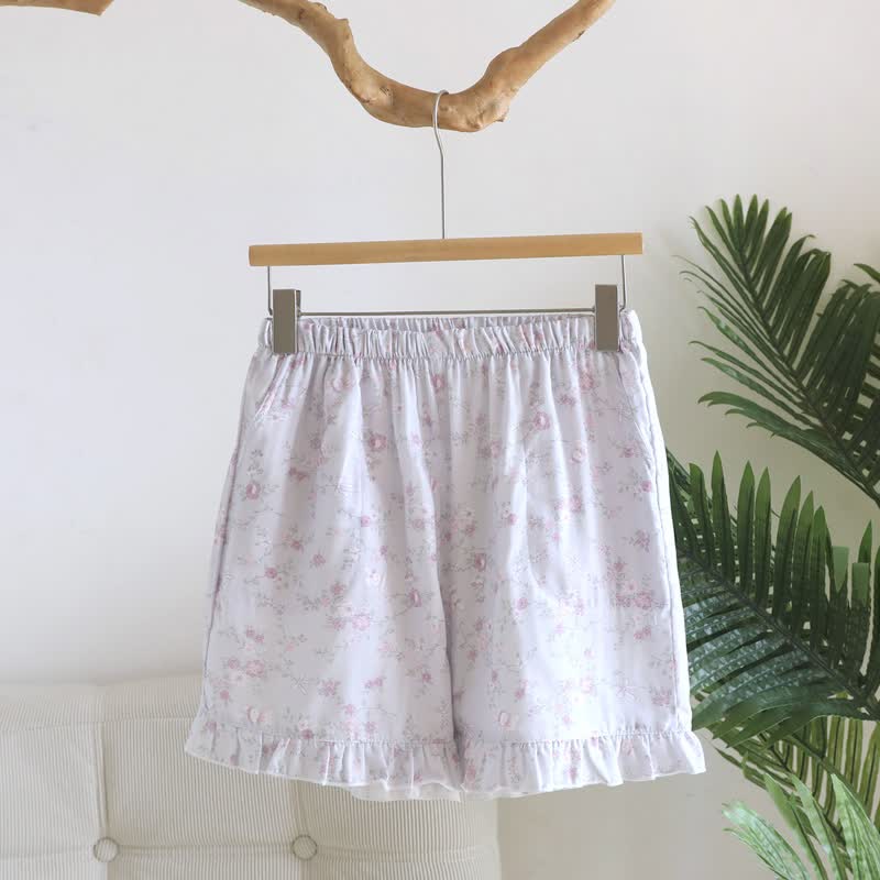 Pantaloncini da pigiama in garza di cotone a fantasia floreale con volant. - Viola - XL - image 1