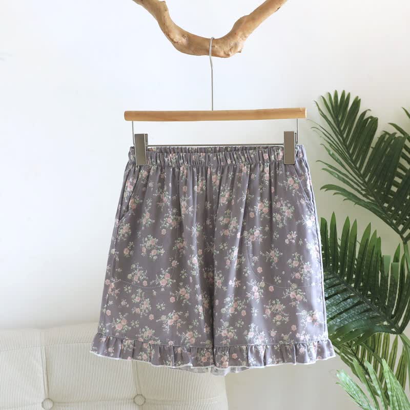 Pantaloncini da pigiama in cotone con volant e stampa floreale - Grigio - XL - image 9