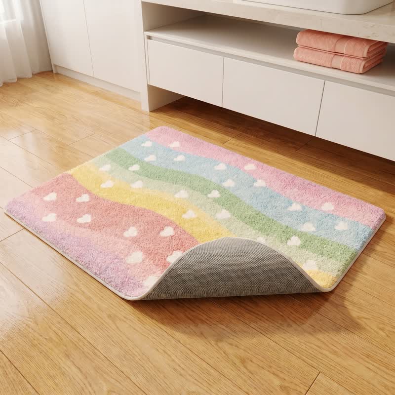 Tappeto da bagno antiscivolo in pelliccia sintetica con motivo a cuore arcobaleno - image 5