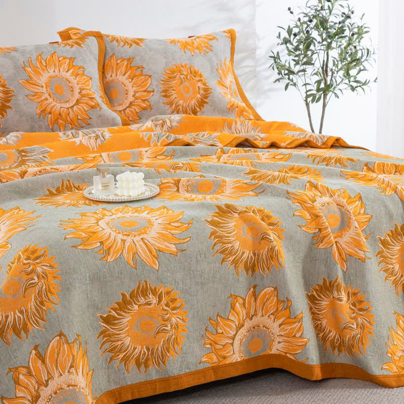 Coperta/trapunta in mussola di cotone con motivo girasole tinto in filo - Trapunta con 2 asciugamani - Matrimoniale Grande - image 0