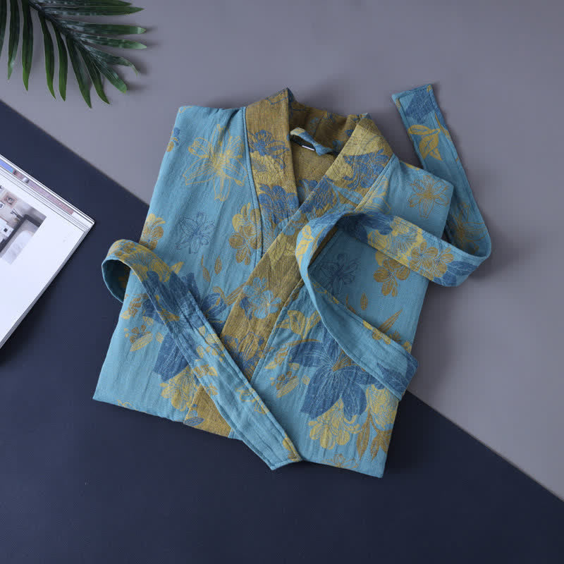Kimono da bambino in cotone blu con stampa floreale, accappatoio - image 3
