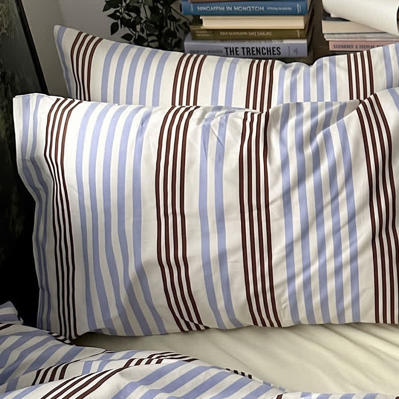 Set di biancheria da letto in cotone a righe blu e marroni in stile retrò - image 4