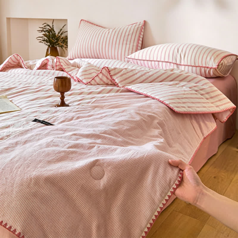 Set di biancheria da letto in cotone a righe bicolore con bordo a conchiglia - image 7