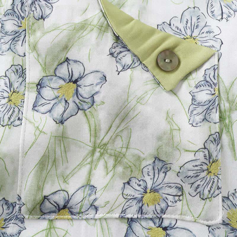Completo da casa in raso con stampa floreale color menta, pantaloncini e bottoni - image 9
