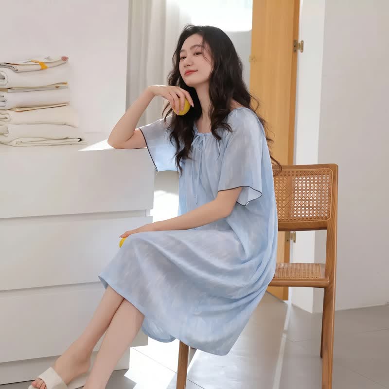 Abito da casa in lyocell azzurro con fiocco al collo - image 3