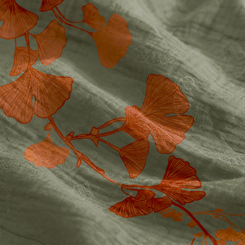 Abito midi da casa in cotone con laccetti e foglie di ginkgo - image 19