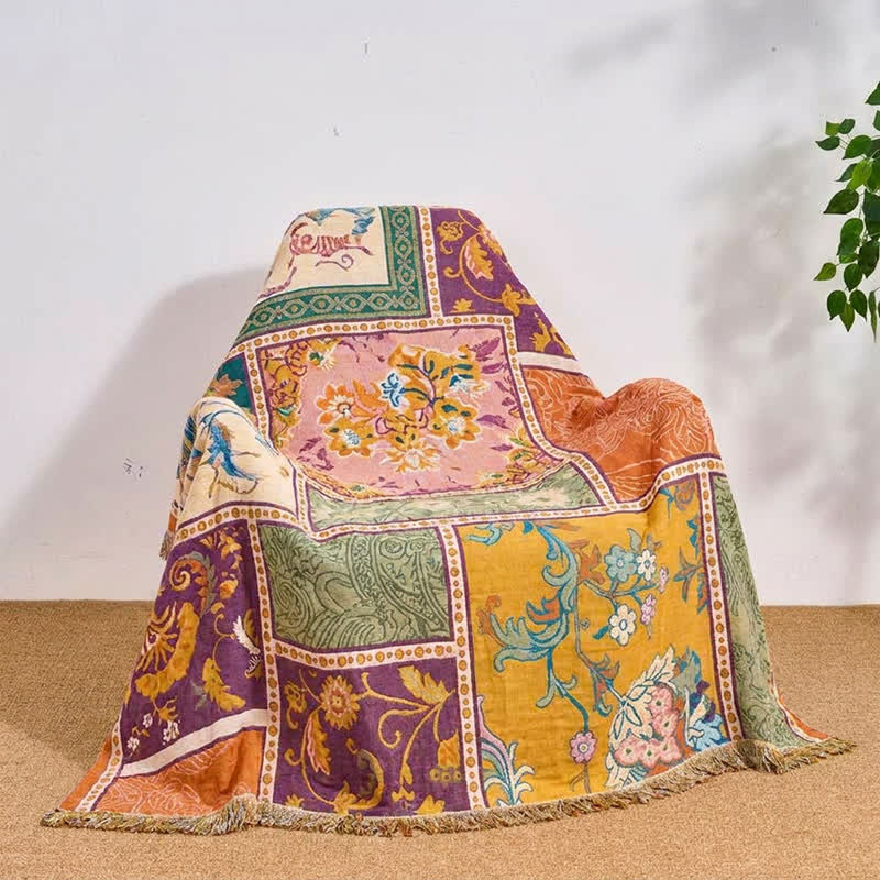 Trapunta boho in cotone patchwork con motivi floreali e nappe - image 5